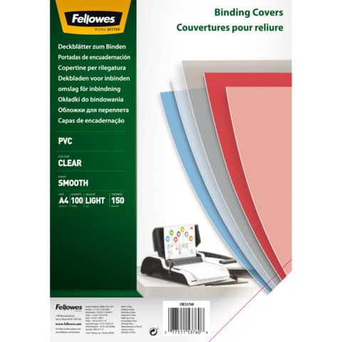 Copertine per rilegatrici FELLOWES Clear PVC A4 150my conf.100 pz - 5376001